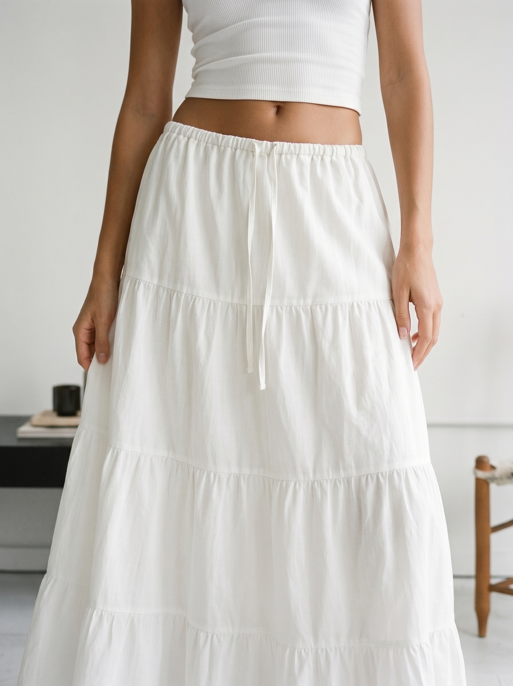 LONG RUFFLE SKIRT IN WHITE