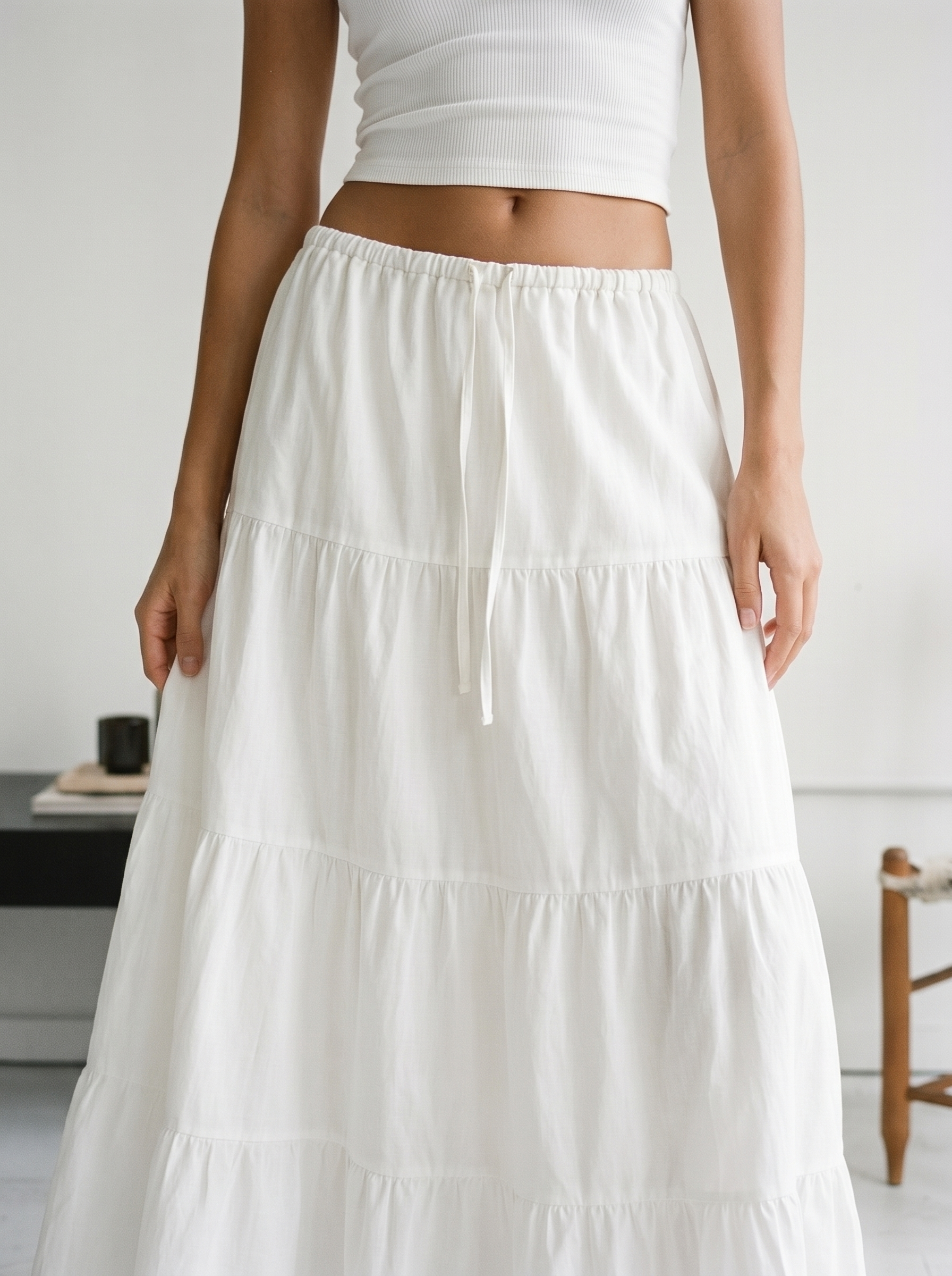 LONG RUFFLE SKIRT IN WHITE