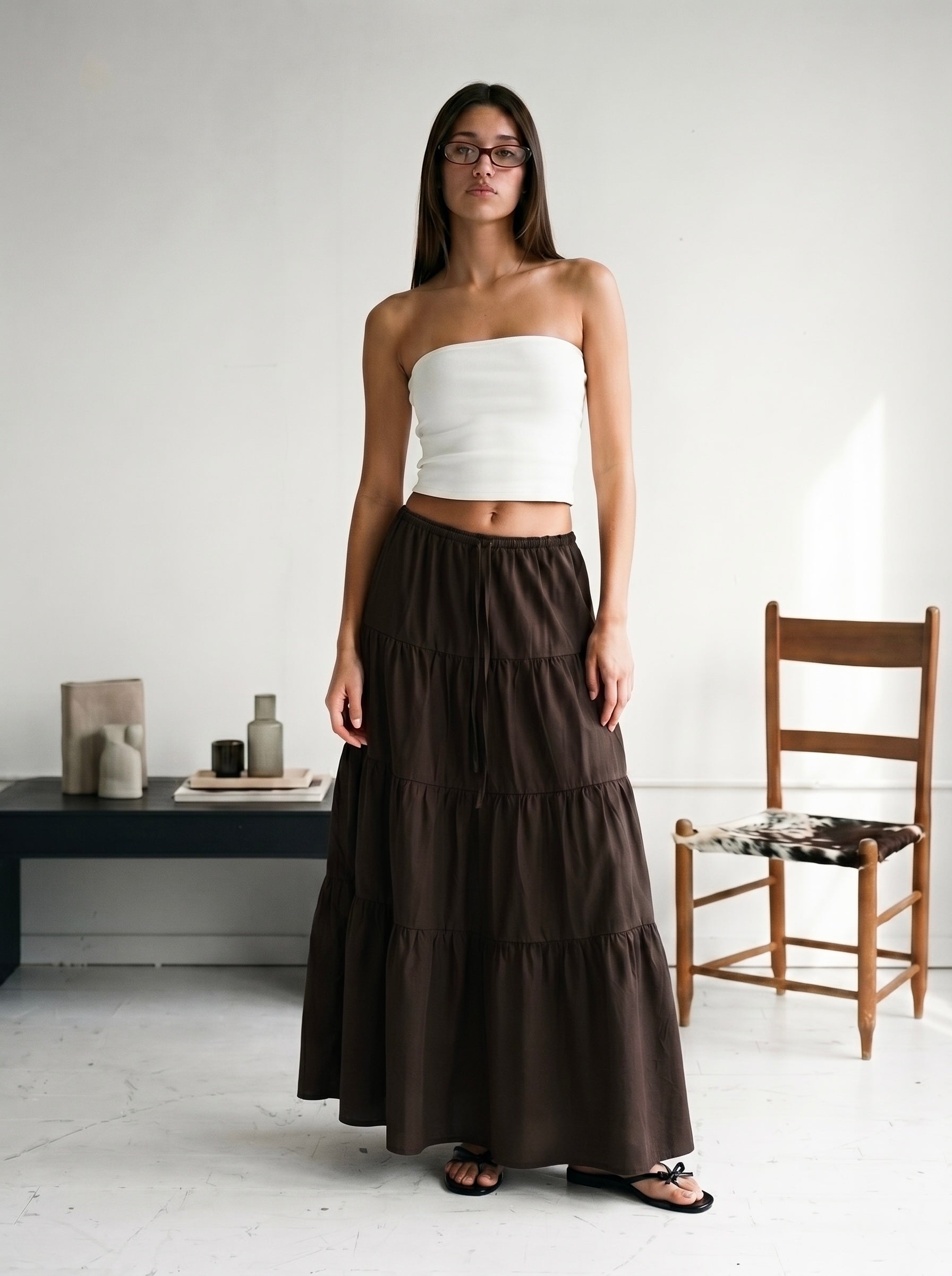 LONG RUFFLE SKIRT IN DARK BROWN