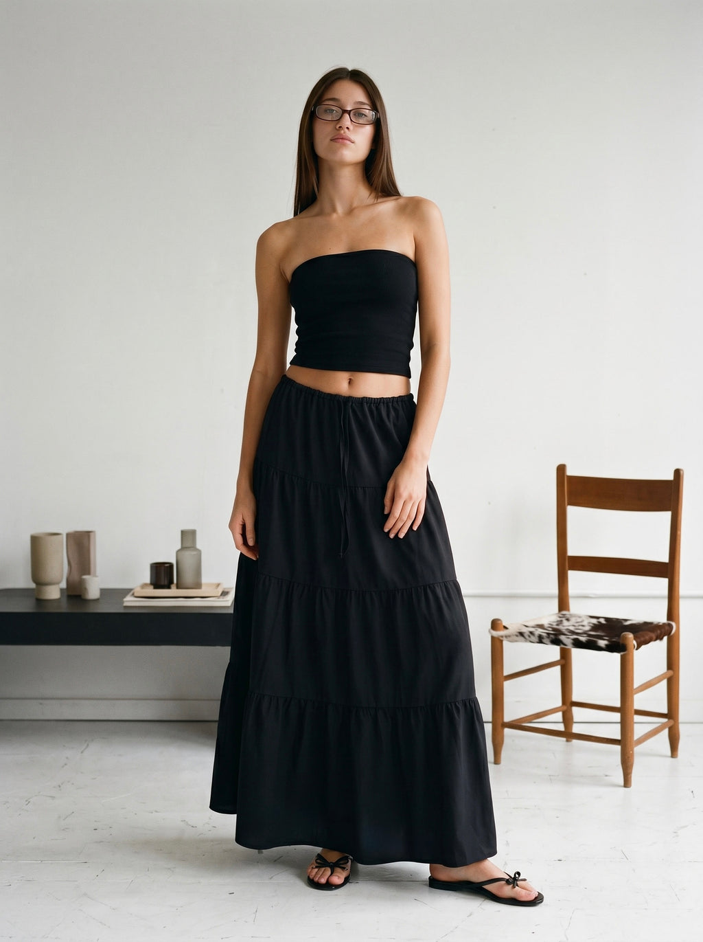 LONG RUFFLE SKIRT IN BLACK