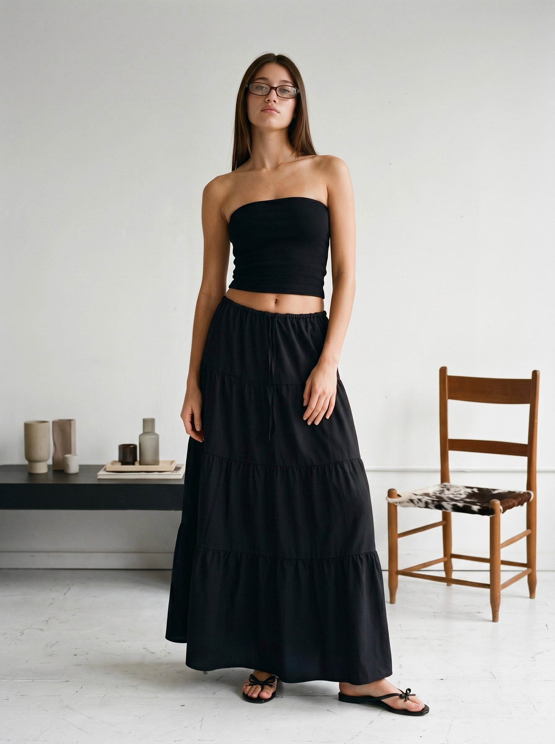 LONG RUFFLE SKIRT IN BLACK