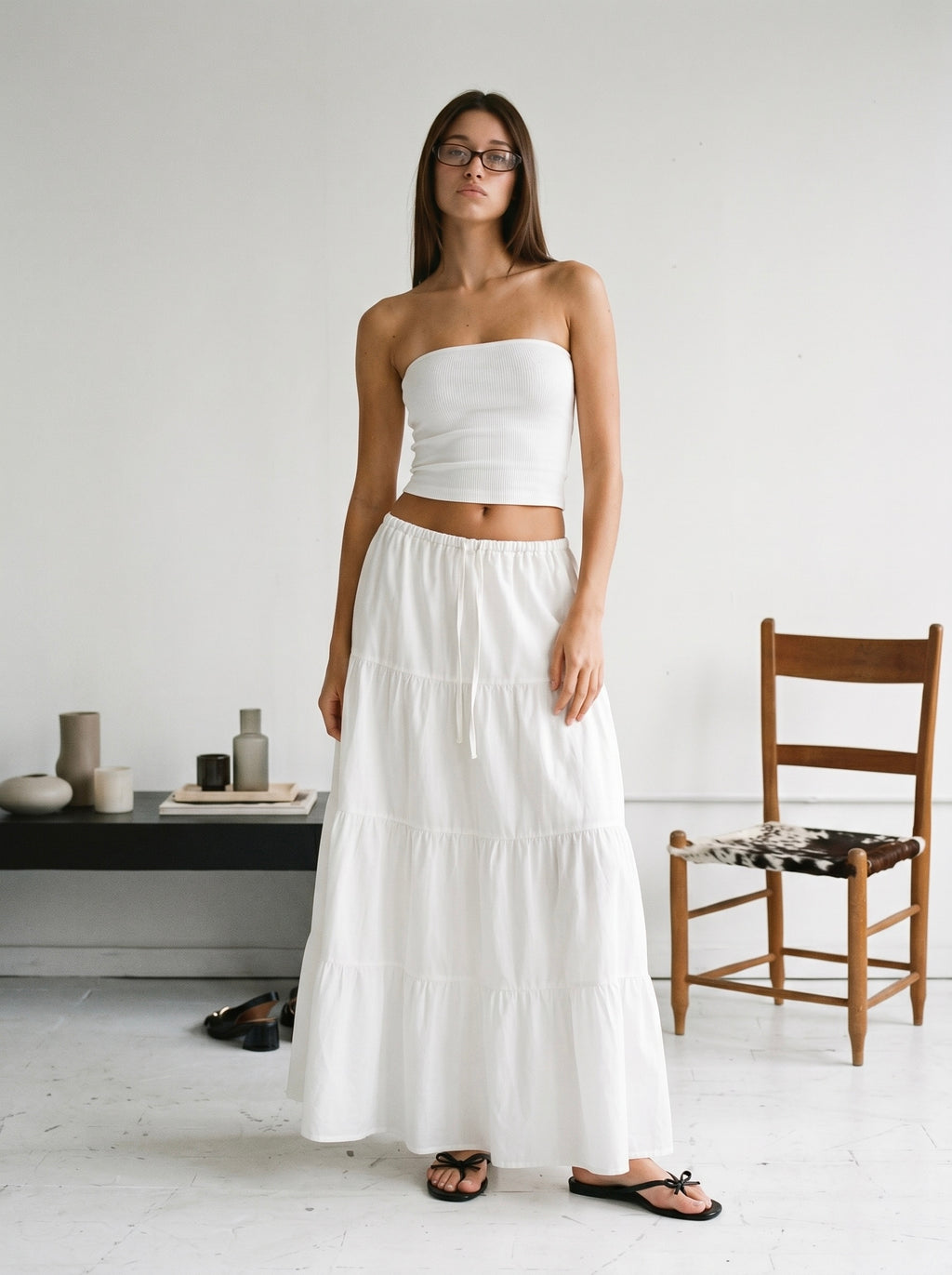 LONG RUFFLE SKIRT IN WHITE