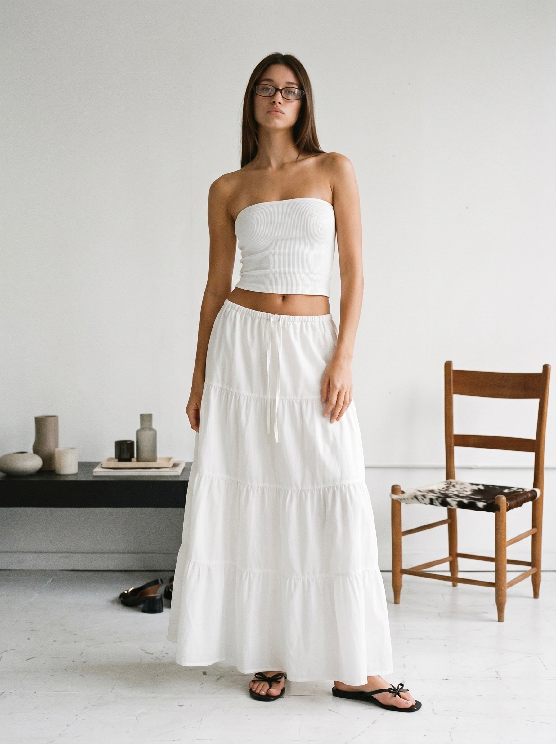 LONG RUFFLE SKIRT IN WHITE