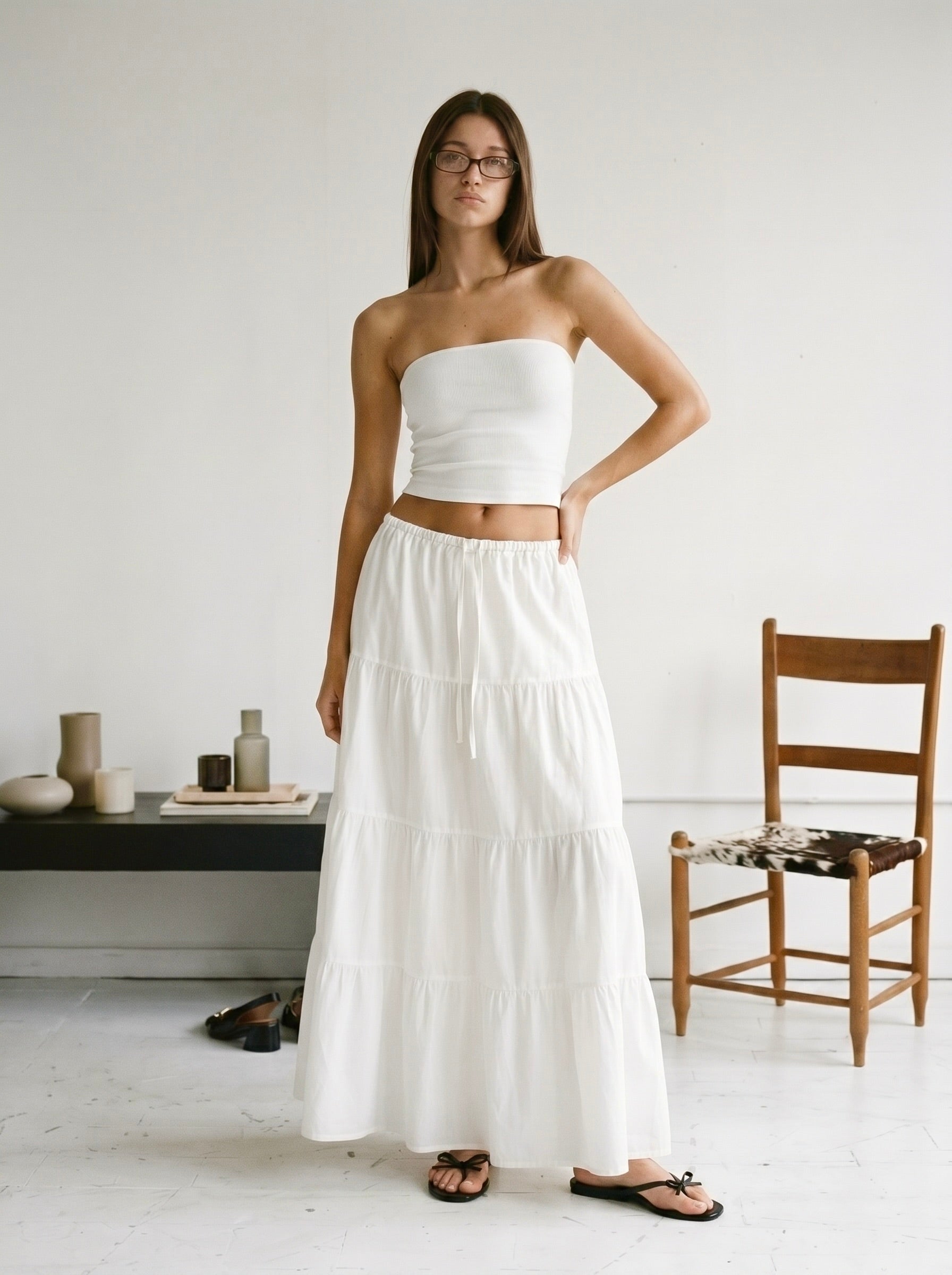 LONG RUFFLE SKIRT IN WHITE