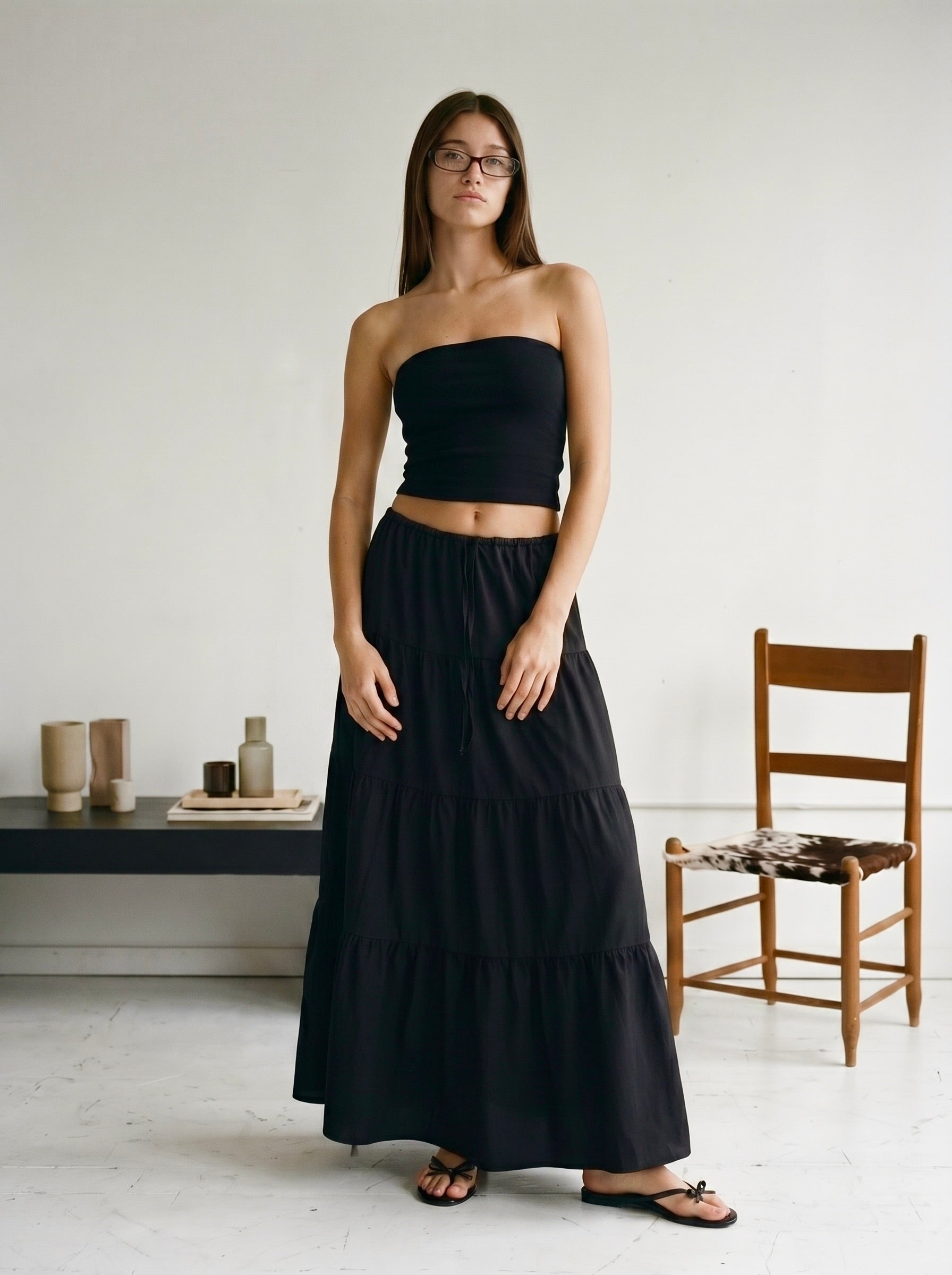 LONG RUFFLE SKIRT IN BLACK
