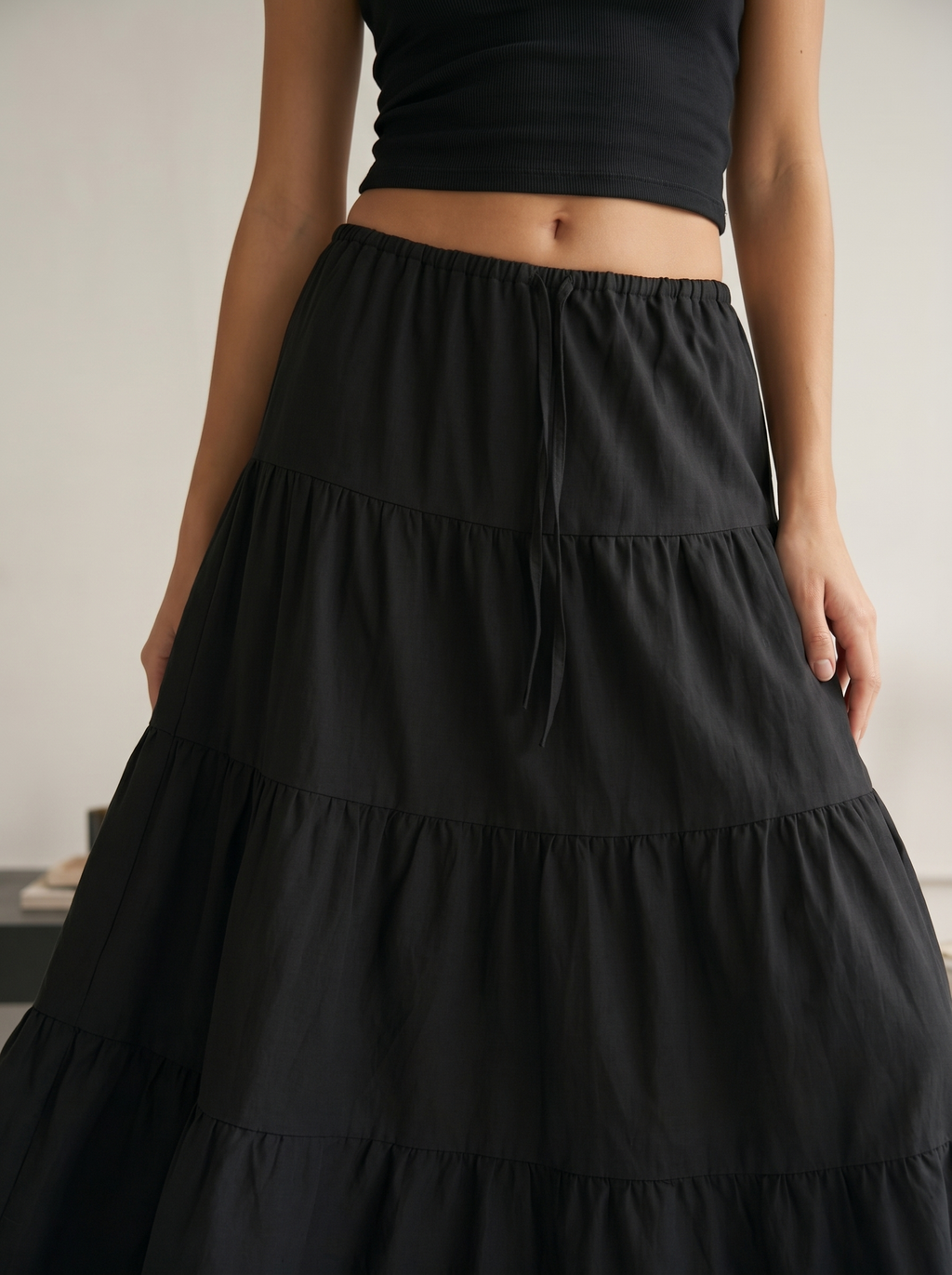 LONG RUFFLE SKIRT IN BLACK