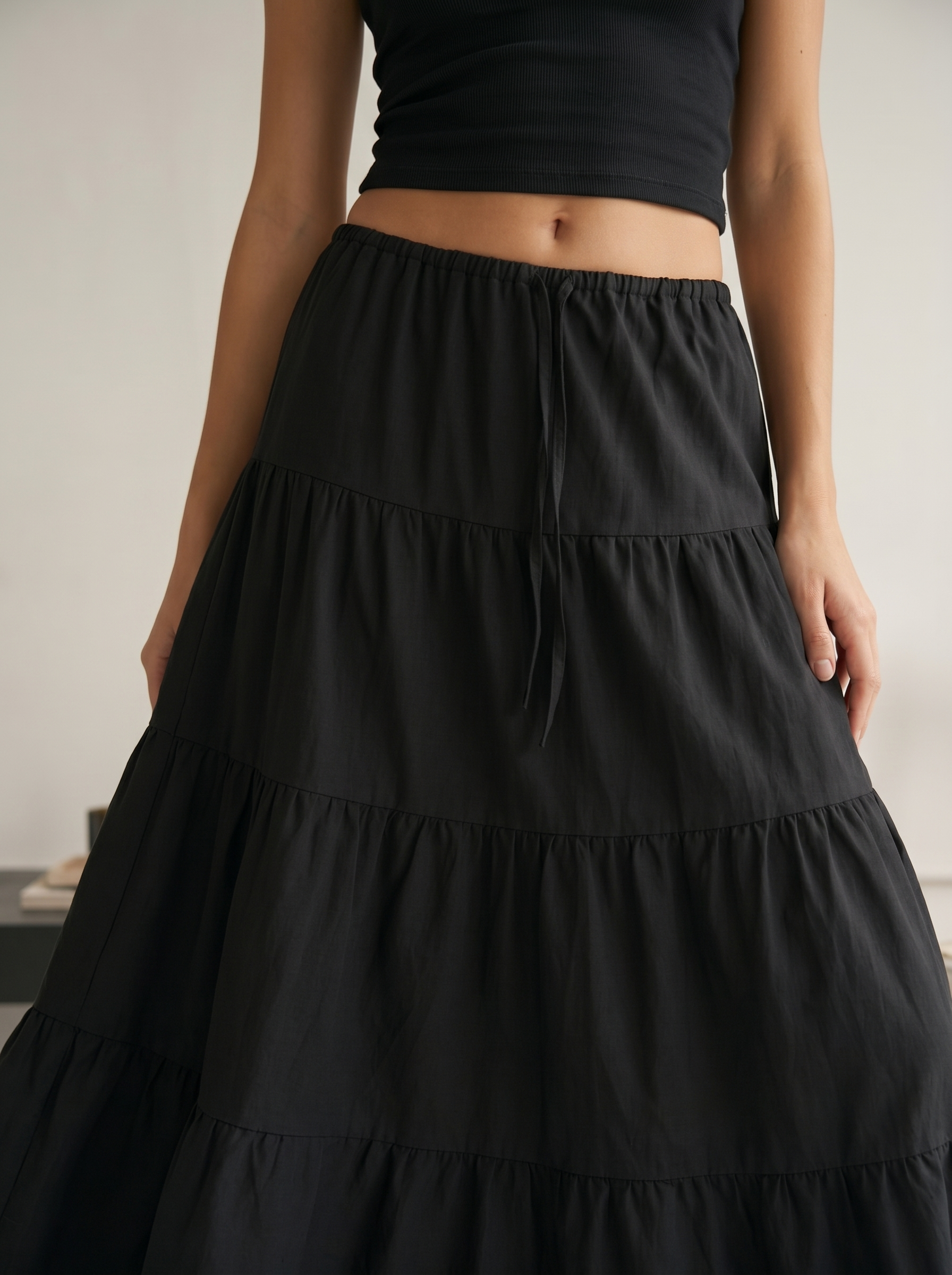 LONG RUFFLE SKIRT IN BLACK